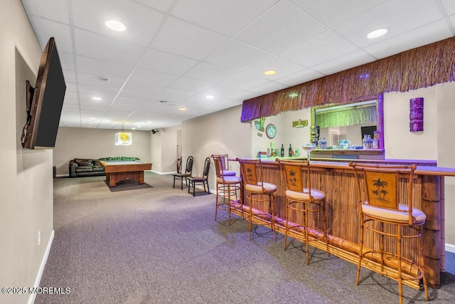 bar featuring a bar, a paneled ceiling, recessed lighting, carpet flooring, and pool table