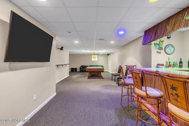 playroom featuring baseboards, a bar, carpet floors, billiards, and recessed lighting