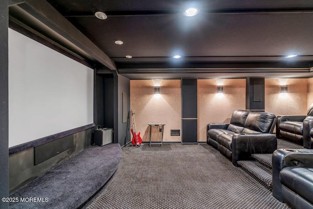 home theater with recessed lighting, electric panel, and carpet floors