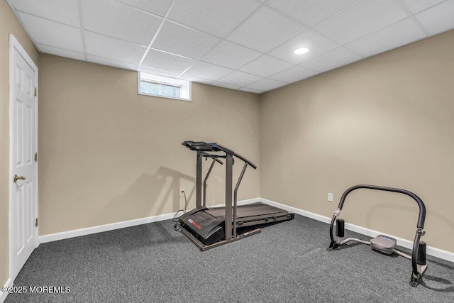 exercise room with a paneled ceiling, carpet flooring, and baseboards