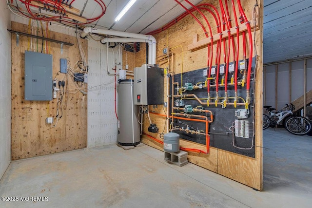 utilities featuring water heater and electric panel