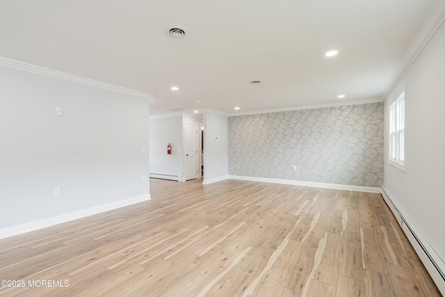 unfurnished room with recessed lighting, light wood-style flooring, a baseboard heating unit, and wallpapered walls