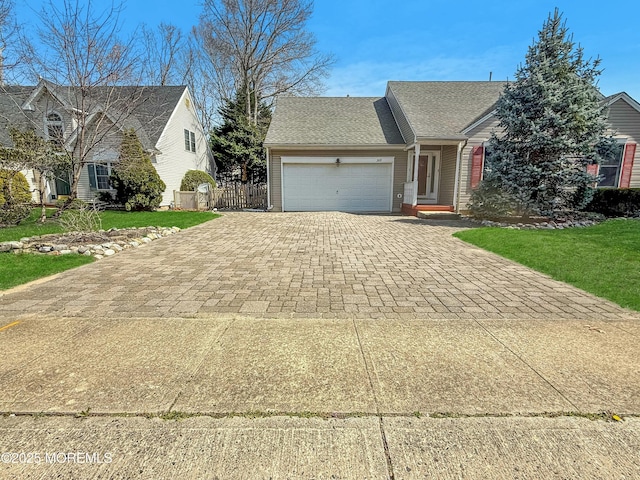 view of front of house with a front yard, a shingled roof, an attached garage, fence, and driveway