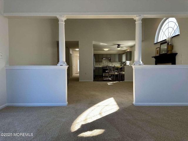 20 Congressional Rd, Jackson, NJ 08527 - living room with ornate columns, carpet flooring, and a ceiling fan