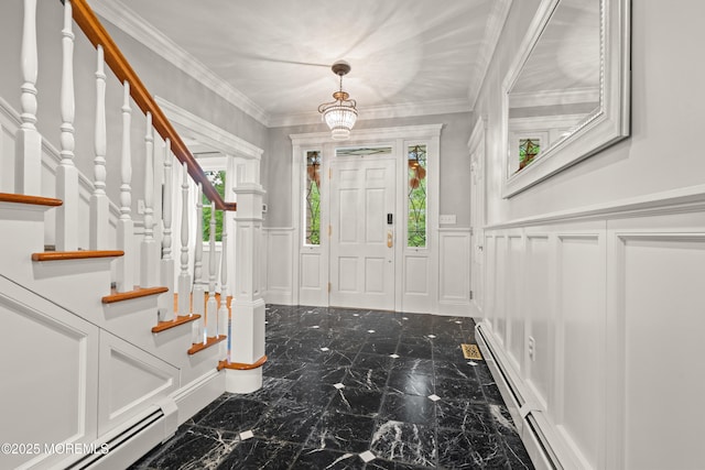 491 Clinton Ave, Toms River, NJ 08753 - foyer entrance with a decorative wall, a baseboard radiator, marble tiled flooring, a wainscoted wall, and stairs