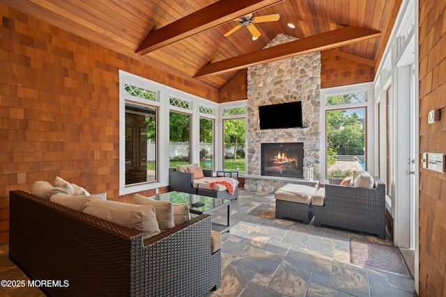 491 Clinton Ave, Toms River, NJ 08753 - sunroom with an outdoor living space with a fireplace and a ceiling fan