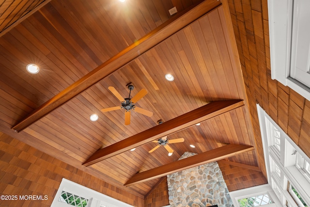 491 Clinton Ave, Toms River, NJ 08753 - detailed view of wood ceiling with exposed beams, ceiling fan, and recessed lighting