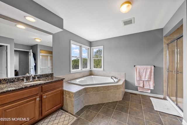 5 Breckenridge Ct, Freehold, NJ 07728 - bathroom featuring a garden tub, visible vents, tile patterned flooring, a shower stall, and vanity