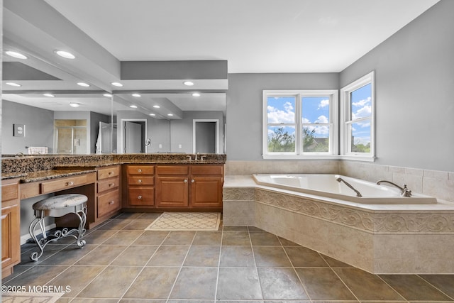 5 Breckenridge Ct, Freehold, NJ 07728 - bathroom featuring recessed lighting, a bath, tile patterned floors, vanity, and a shower