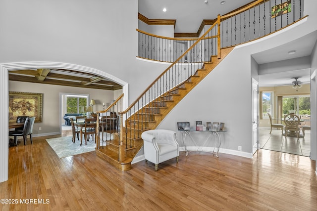 5 Breckenridge Ct, Freehold, NJ 07728 - staircase featuring ceiling fan, baseboards, plenty of natural light, and wood finished floors