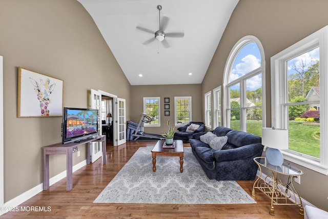 5 Breckenridge Ct, Freehold, NJ 07728 - living area with a ceiling fan, baseboards, high vaulted ceiling, and wood finished floors
