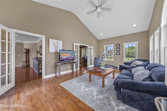 5 Breckenridge Ct, Freehold, NJ 07728 - living area with a ceiling fan, french doors, baseboards, high vaulted ceiling, and wood finished floors