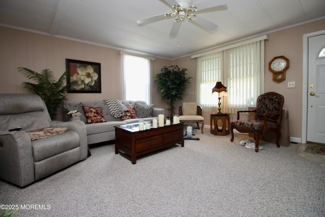 living room with ceiling fan, ornamental molding, and carpet