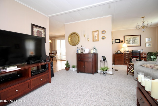 living room featuring ornamental molding, a chandelier, and light carpet