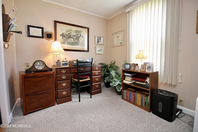 office space featuring crown molding, carpet, and a healthy amount of sunlight