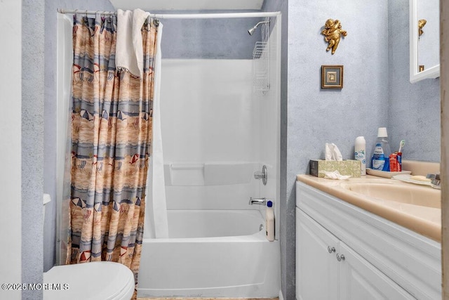 44 Buckingham Dr N, Manchester, NJ 08759 - bathroom with toilet, vanity, a textured wall, and shower / tub combo with curtain
