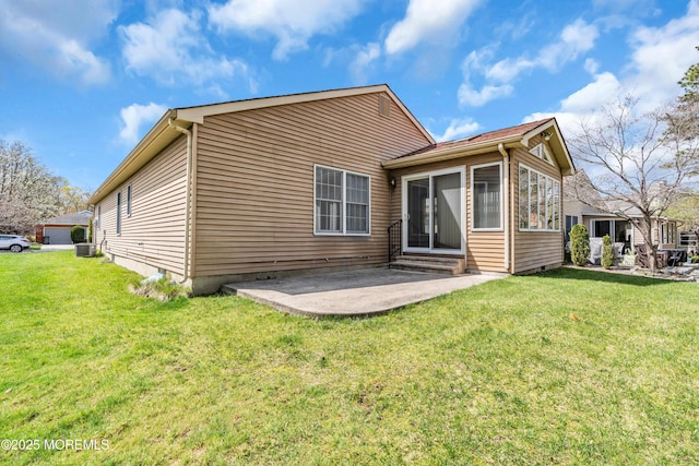 1905 Cherryvale Ct, Toms River, NJ 08755 - rear view of house featuring a patio, a lawn, entry steps, and a sunroom