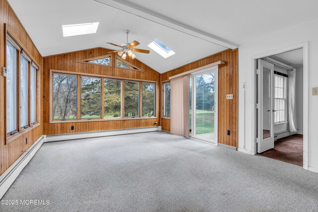 1905 Cherryvale Ct, Toms River, NJ 08755 - unfurnished sunroom with a skylight, wooden walls, lofted ceiling, carpet flooring, and a baseboard radiator