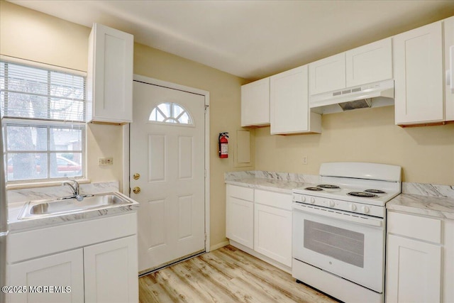 86E Dorchester Dr, Lakewood, NJ 08701 - kitchen featuring electric range, white cabinetry, under cabinet range hood, light countertops, and a sink