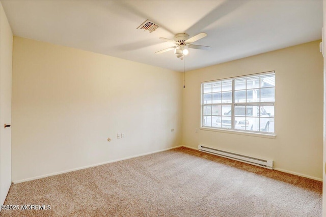 86E Dorchester Dr, Lakewood, NJ 08701 - unfurnished room with ceiling fan, visible vents, carpet floors, a baseboard heating unit, and baseboards