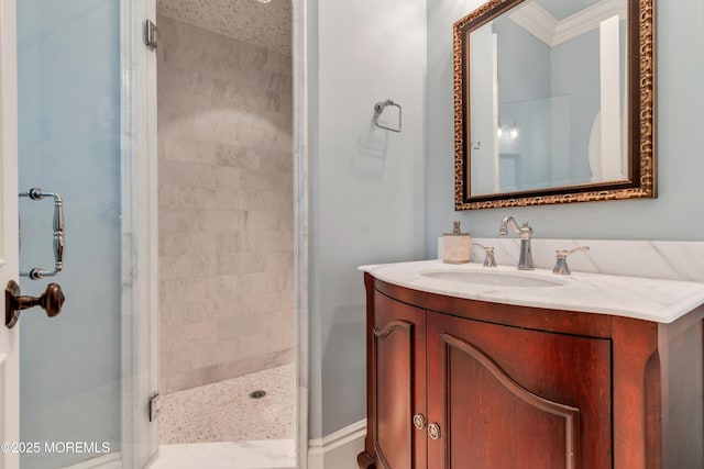 bathroom featuring vanity and a stall shower