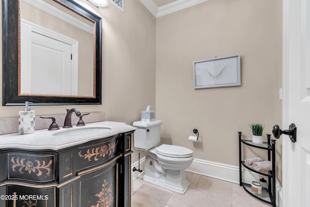 half bathroom featuring vanity, ornamental molding, toilet, tile patterned floors, and baseboards