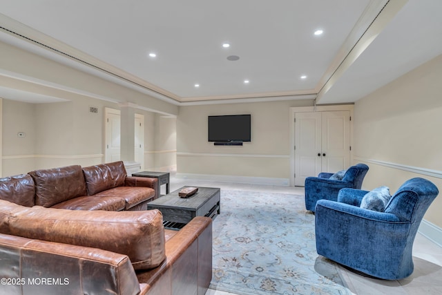 living area featuring light tile patterned flooring, baseboards, and recessed lighting