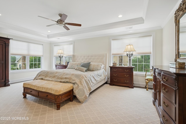 17 Spalding Dr, Holmdel, NJ 07733 - bedroom featuring a tray ceiling, light colored carpet, multiple windows, crown molding, and recessed lighting