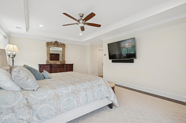 17 Spalding Dr, Holmdel, NJ 07733 - bedroom featuring a tray ceiling, recessed lighting, crown molding, and ceiling fan
