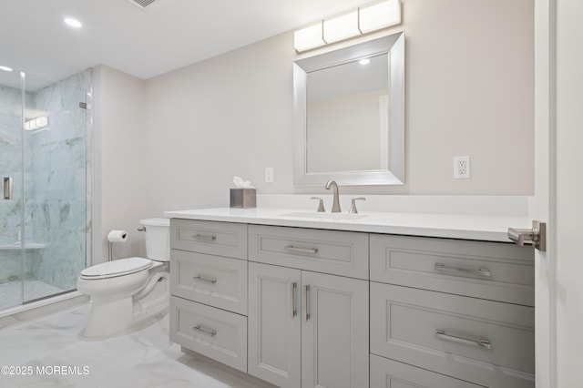 17 Spalding Dr, Holmdel, NJ 07733 - bathroom featuring vanity, marble finish flooring, a marble finish shower, and recessed lighting