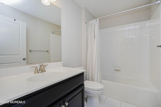 full bathroom with shower / bath combo, tile patterned floors, toilet, and vanity