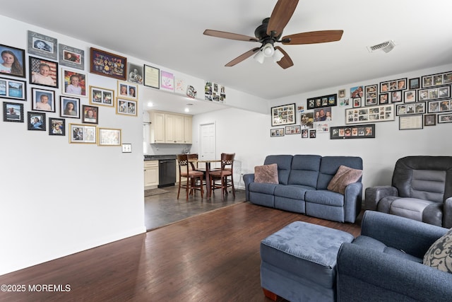 71 6th St, Belford, NJ 07718 - living room featuring dark wood-type flooring, baseboards, a ceiling fan, and visible vents