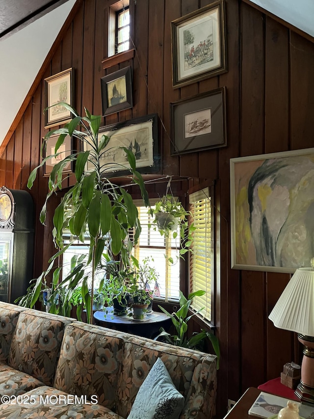 interior space featuring wood walls
