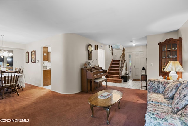 55 Marc Dr, Howell, NJ 07731 - living room with light carpet, stairs, and a chandelier
