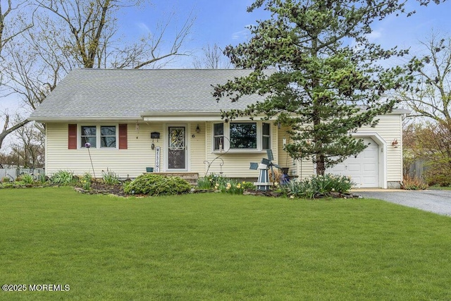 view of front facade with an attached garage, roof with shingles, driveway, and a front yard