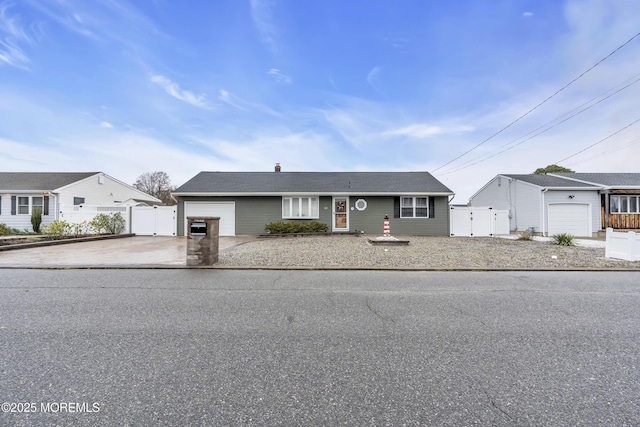 ranch-style home with a garage, driveway, fence, and a gate