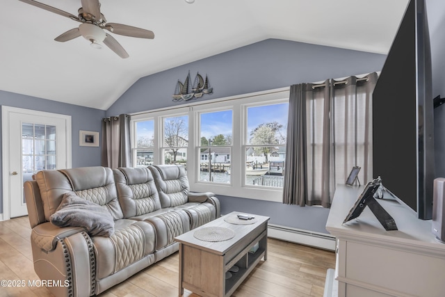 living area with ceiling fan, light wood finished floors, lofted ceiling, and baseboard heating