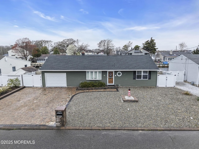 single story home with a residential view, decorative driveway, a gate, and an attached garage