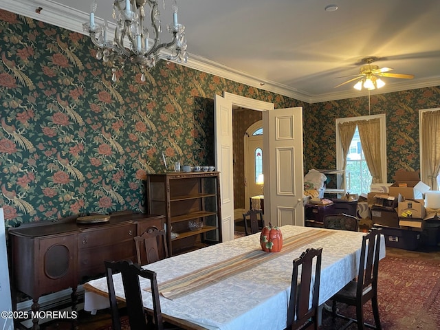 6056 Main St, Hamilton, NJ 08330 - dining room featuring ceiling fan with notable chandelier, wallpapered walls, and ornamental molding