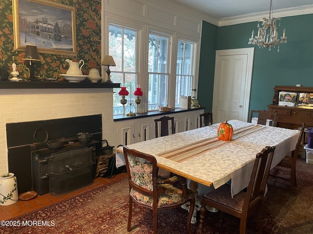6056 Main St, Hamilton, NJ 08330 - dining area featuring ornamental molding, a chandelier, and a fireplace