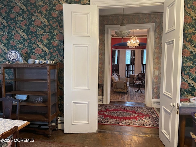 6056 Main St, Hamilton, NJ 08330 - interior space featuring an inviting chandelier, wallpapered walls, and wood finished floors