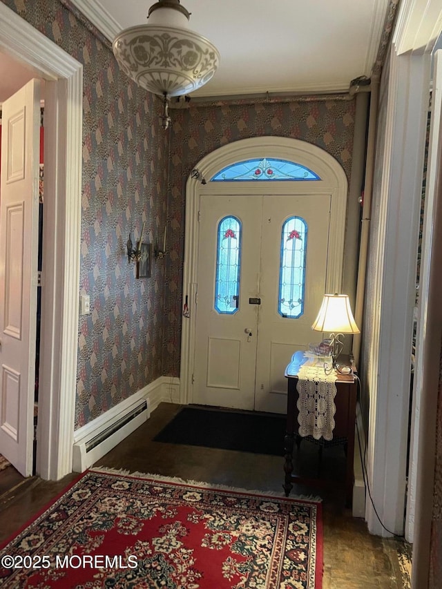 6056 Main St, Hamilton, NJ 08330 - foyer entrance featuring a baseboard heating unit and wallpapered walls
