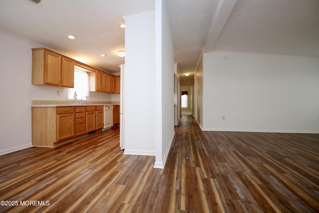 kitchen with recessed lighting, dark wood-style flooring, light countertops, white dishwasher, and baseboards