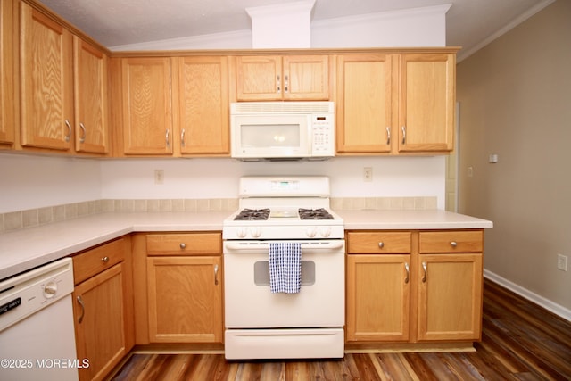 kitchen featuring crown molding, white appliances, dark wood-style flooring, light countertops, and baseboards