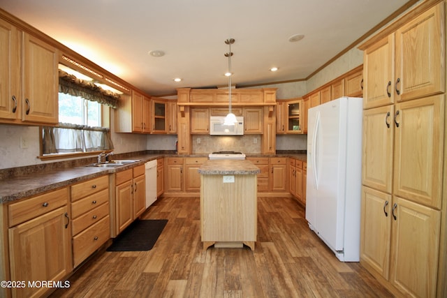 2 Brookside Way, Freehold, NJ 07728 - kitchen with white appliances, a sink, a center island, glass insert cabinets, and dark wood-style flooring