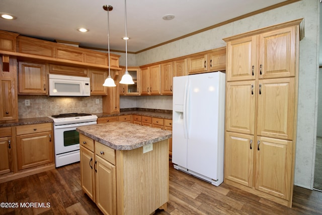 2 Brookside Way, Freehold, NJ 07728 - kitchen with white appliances, dark wood-type flooring, a center island, decorative light fixtures, and recessed lighting