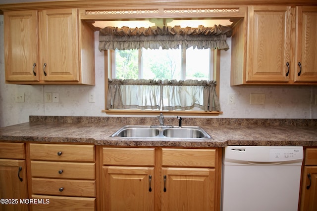2 Brookside Way, Freehold, NJ 07728 - kitchen with dishwasher, a sink, dark countertops, and light brown cabinetry