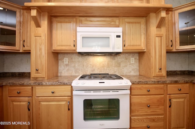 2 Brookside Way, Freehold, NJ 07728 - kitchen featuring white appliances, decorative backsplash, and glass insert cabinets