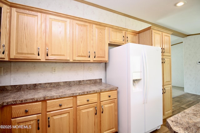 2 Brookside Way, Freehold, NJ 07728 - kitchen featuring white fridge with ice dispenser, wood finished floors, crown molding, wallpapered walls, and dark countertops