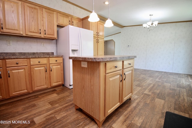 2 Brookside Way, Freehold, NJ 07728 - kitchen with white fridge with ice dispenser, dark wood-type flooring, ornamental molding, a chandelier, and wallpapered walls